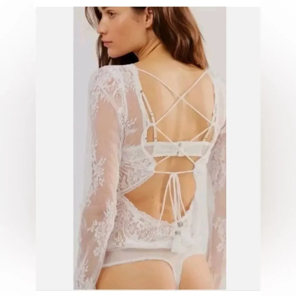 FREE PEOPLE Intimately Bodysuit White Embellished Lace Mesh Sheer Sz Small